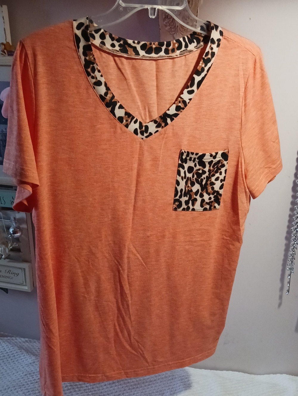 Women’s Orange V-Neck Tee with Leopard Trim